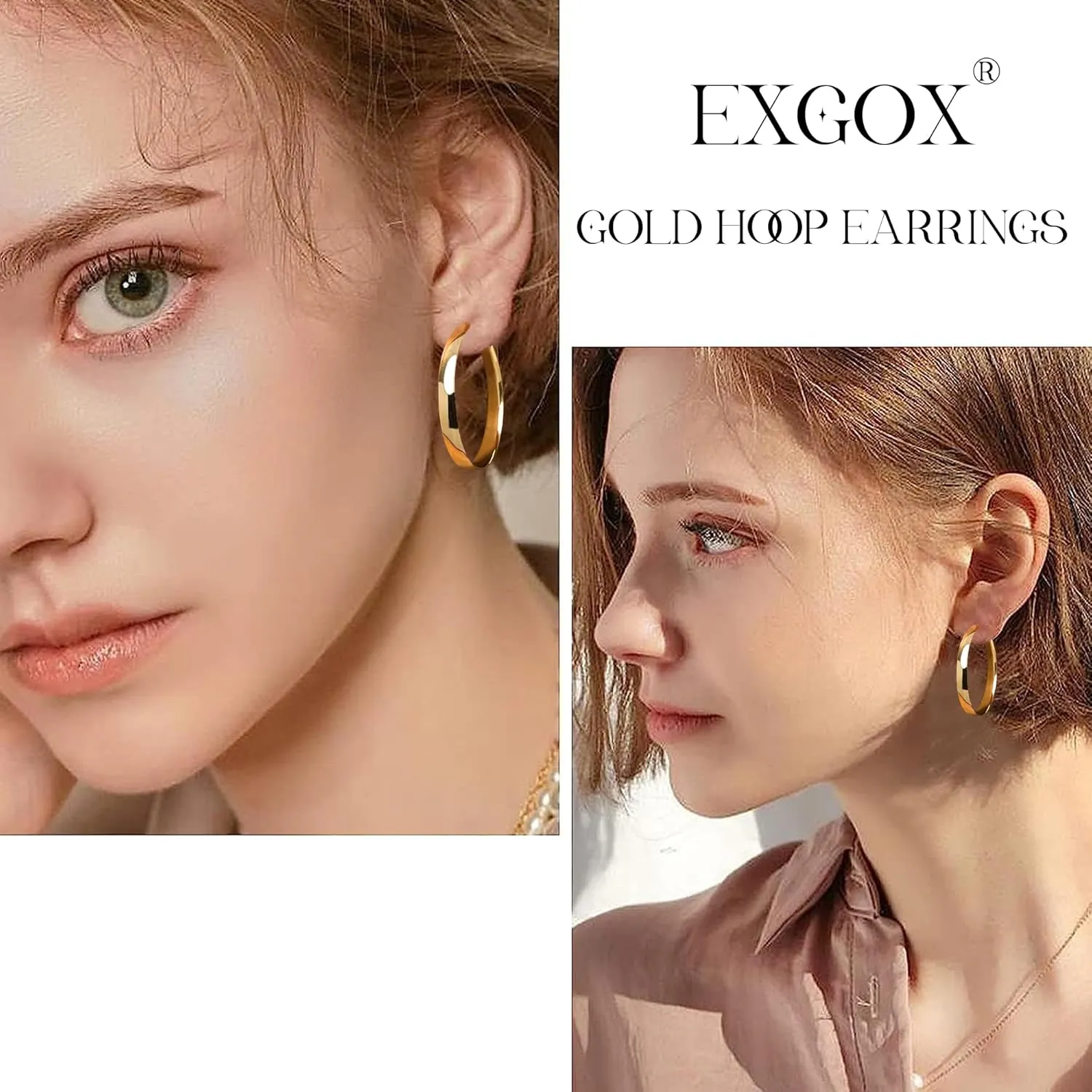 EXGOX 5mm Wide Gold Hoop Earrings for Women,Sterling Silver Hoop Earrings Large Silver Hoop Earrings Hypoallergenic Lightweight 14K Real Gold Plated Big Hoop Earrings for Women 30/40/50/60/70mm