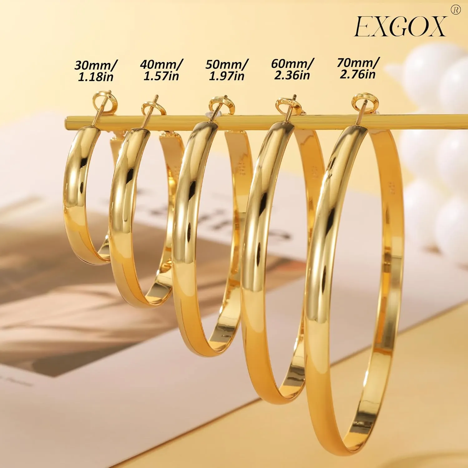 EXGOX 5mm Wide Gold Hoop Earrings for Women,Sterling Silver Hoop Earrings Large Silver Hoop Earrings Hypoallergenic Lightweight 14K Real Gold Plated Big Hoop Earrings for Women 30/40/50/60/70mm