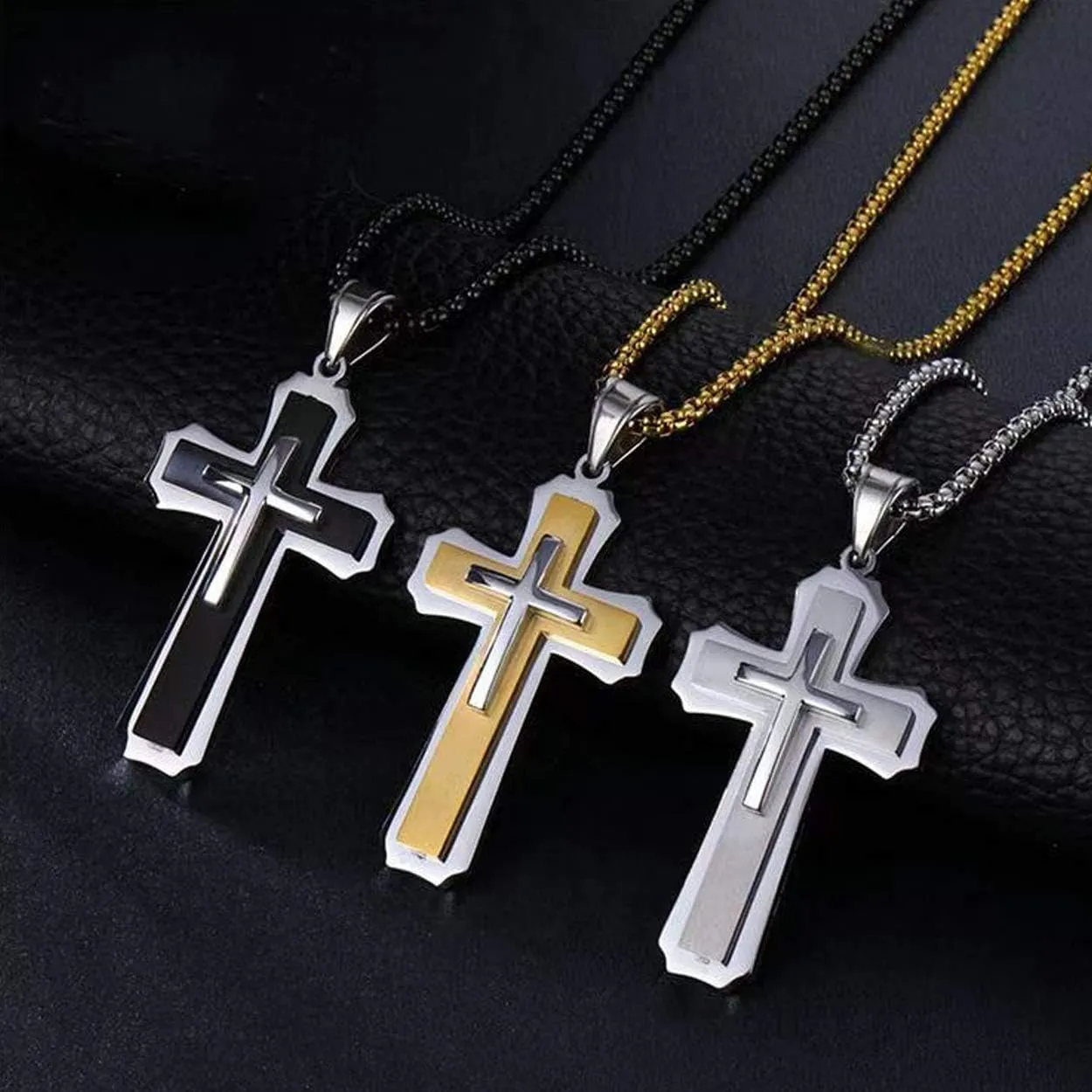 Fashion Polished Diverse Christian Men and Women Religious Cross Pendant Necklace Stainless Steel 24 Inch Chain