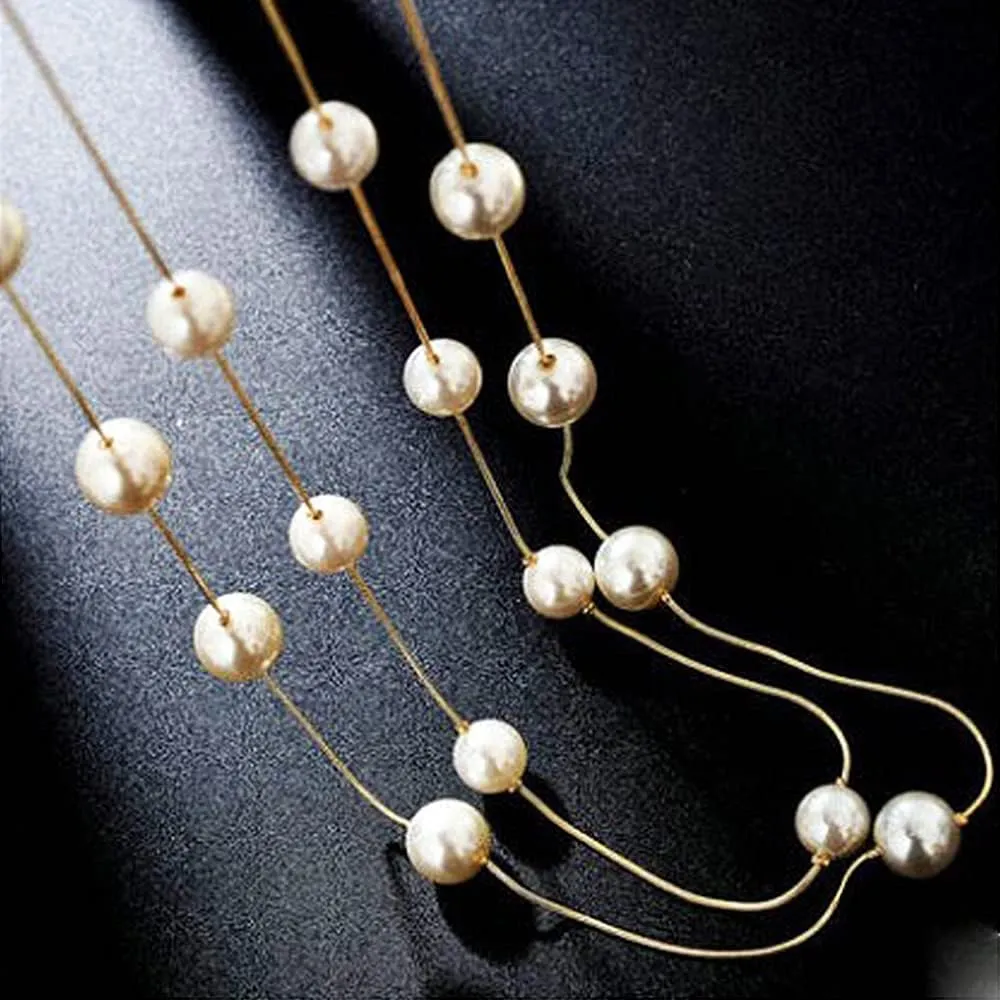 Fashion Simulated Pearl Layered Sweater Long Necklaces Bohemia Chic Statement Necklace for Women Jewelry Gift Gold Silver Tone