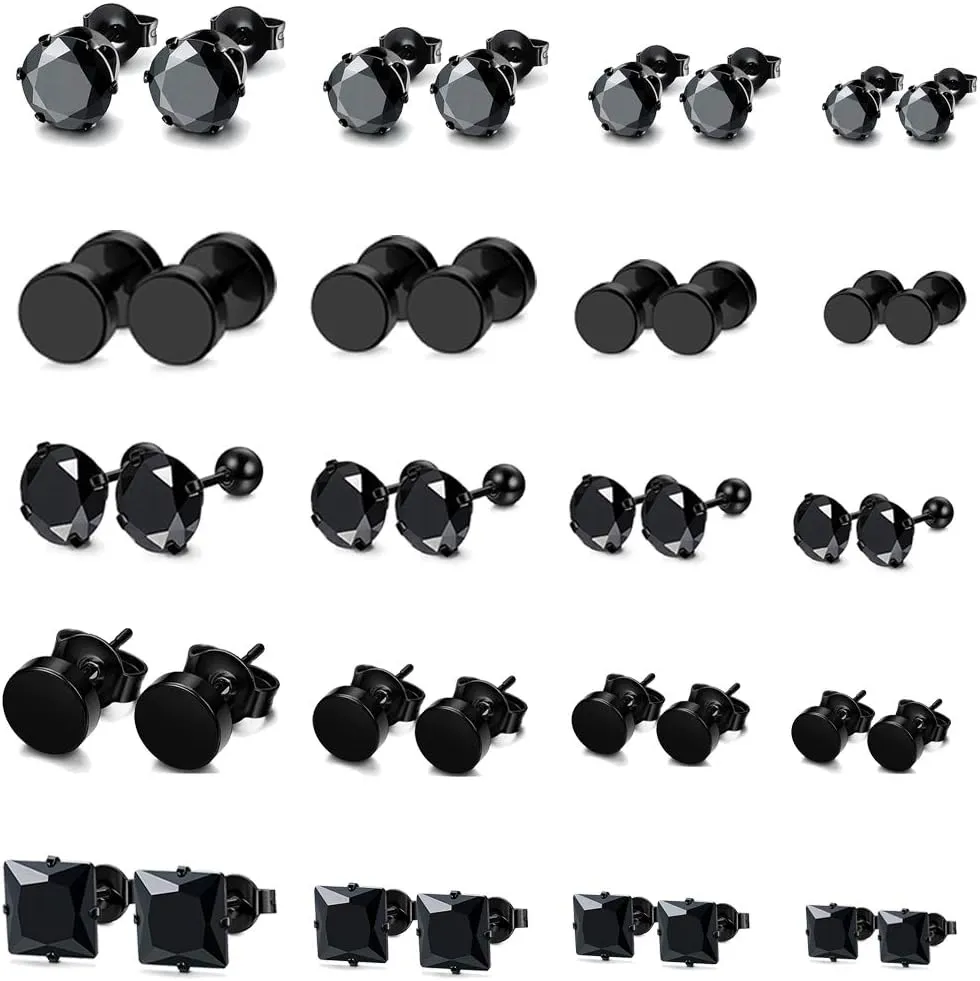 FIBO STEEL 20 Pairs Stud Earrings for Women Men 316L Stainless Steel Hypoallergenic, Piercing Plugs Design, CZ Inlaid, Comfortable Everyday Wear Classic & Stylish Jewelry, Sizes 3/4/5/6 mm