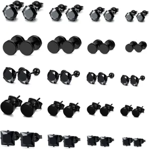 FIBO STEEL 20 Pairs Stud Earrings for Women Men 316L Stainless Steel Hypoallergenic, Piercing Plugs Design, CZ Inlaid, Comfortable Everyday Wear Classic & Stylish Jewelry, Sizes 3/4/5/6 mm