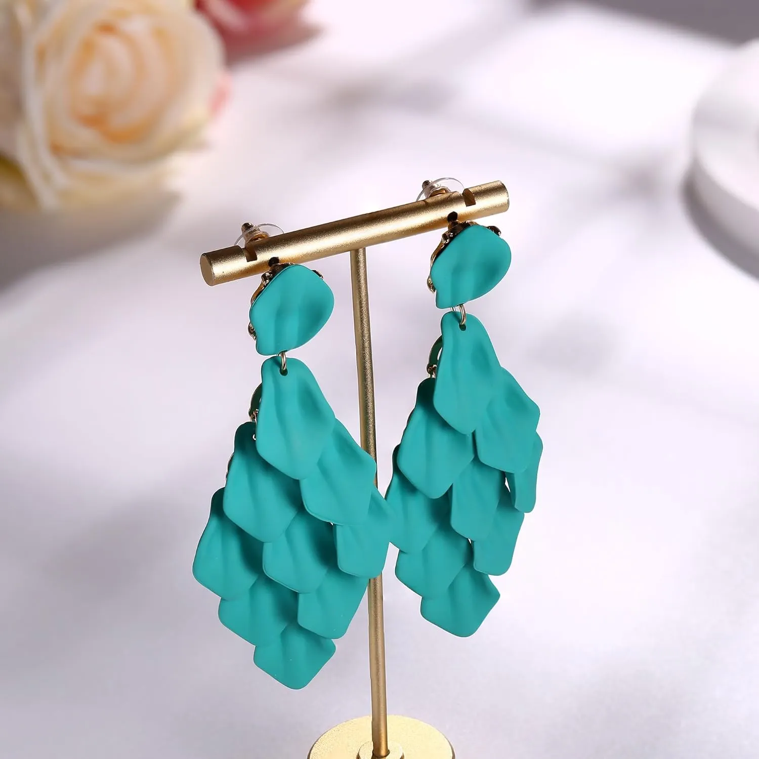 FIBO STEEL Acrylic Petal Earrings for Women Red Statement Earrings Dangle Rhombic Boho Flower Lime Green Orange Rose Big Bold Colorful Costume Jewelry Long Drop Dangle Earrings