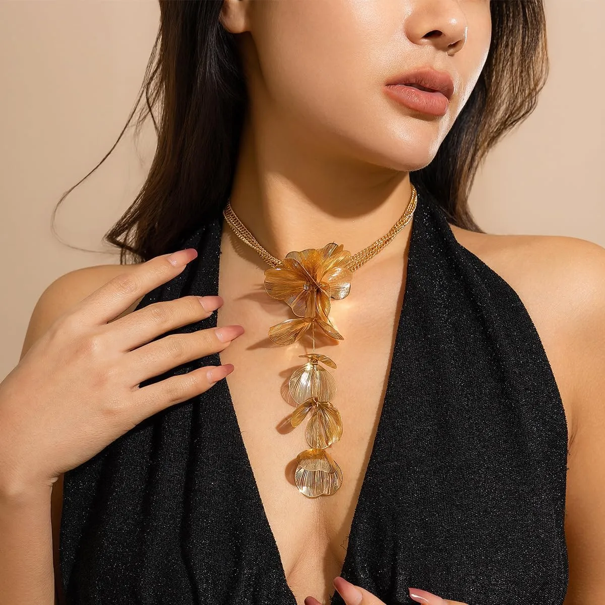 Flower Necklaces for Women Gold Floral Statement Necklace Floral Necklace Long Flower Statement Necklace Lariat Necklace Jewelry
