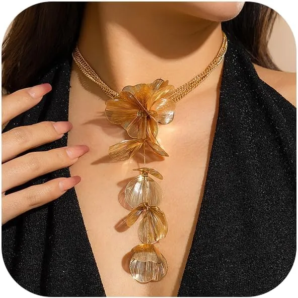 Flower Necklaces for Women Gold Floral Statement Necklace Floral Necklace Long Flower Statement Necklace Lariat Necklace Jewelry