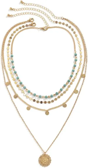 Fuqimanman2020 Boho Gold Plated Turquoise Layered Necklace for Women Dainty Gold Coin Pendant Choker Chain Necklace Glitter Bohemian Sequin Tassel Necklace