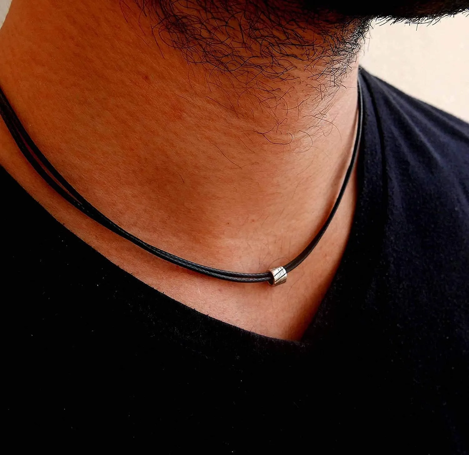 Galis Choker Necklace for Men - Black Leather Cord with Small Stainless Steel Bead Pendant, Stylish Mens Jewelry, Choker Surfer Necklaces, Gifts for Him, 17"
