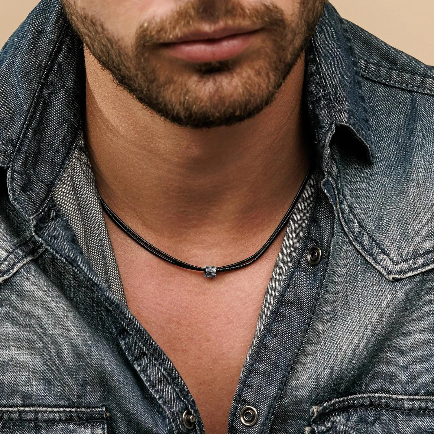 Galis Choker Necklace for Men - Black Leather Cord with Small Stainless Steel Bead Pendant, Stylish Mens Jewelry, Choker Surfer Necklaces, Gifts for Him, 17"