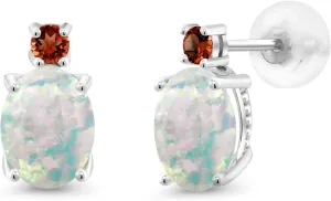 Gem Stone King 14K White Gold Gemstone Birthstone and Garnet Dangle Stud Earrings For Women | Oval 8X6MM | Round 2.5MM | Elegant Two-Stone Design | Classic Fine Jewelry Earrings