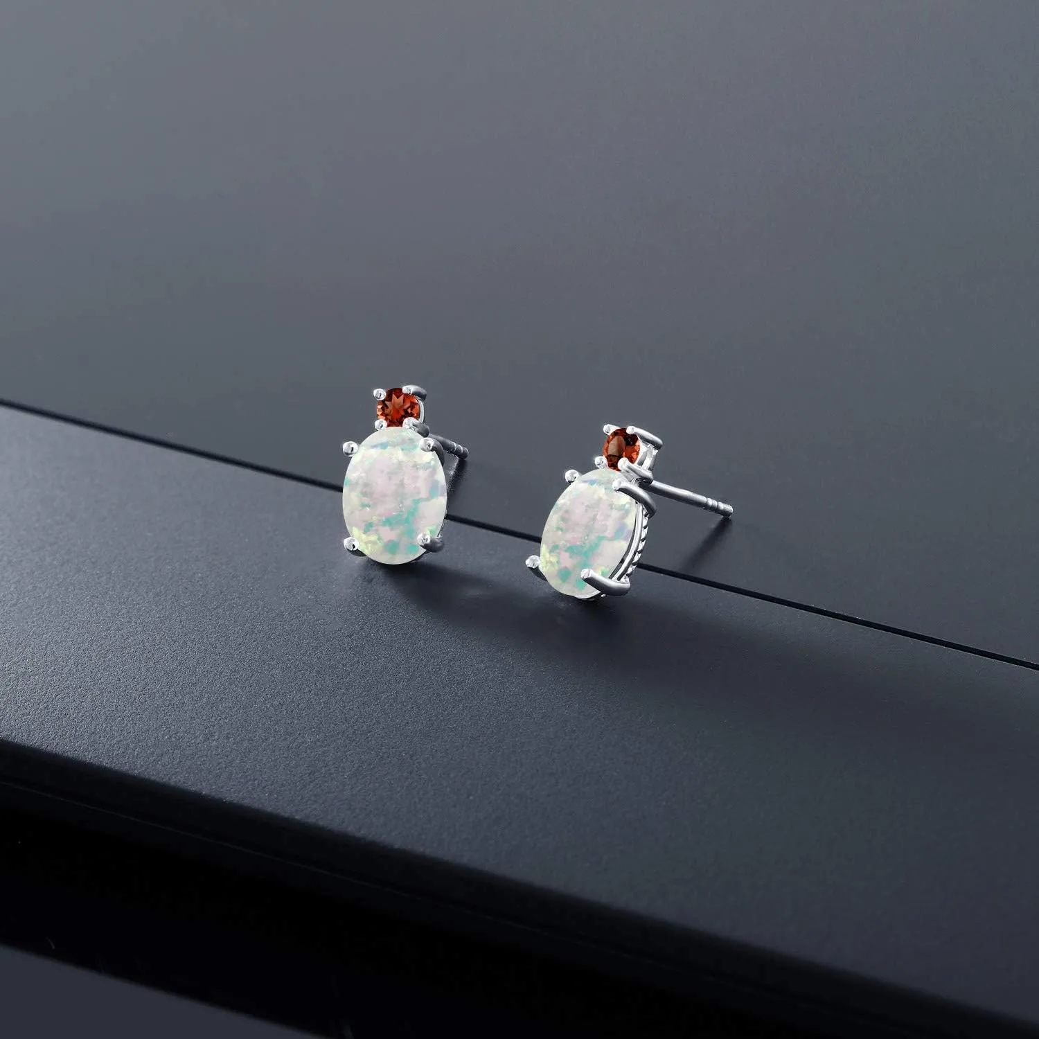 Gem Stone King 14K White Gold Gemstone Birthstone and Garnet Dangle Stud Earrings For Women | Oval 8X6MM | Round 2.5MM | Elegant Two-Stone Design | Classic Fine Jewelry Earrings