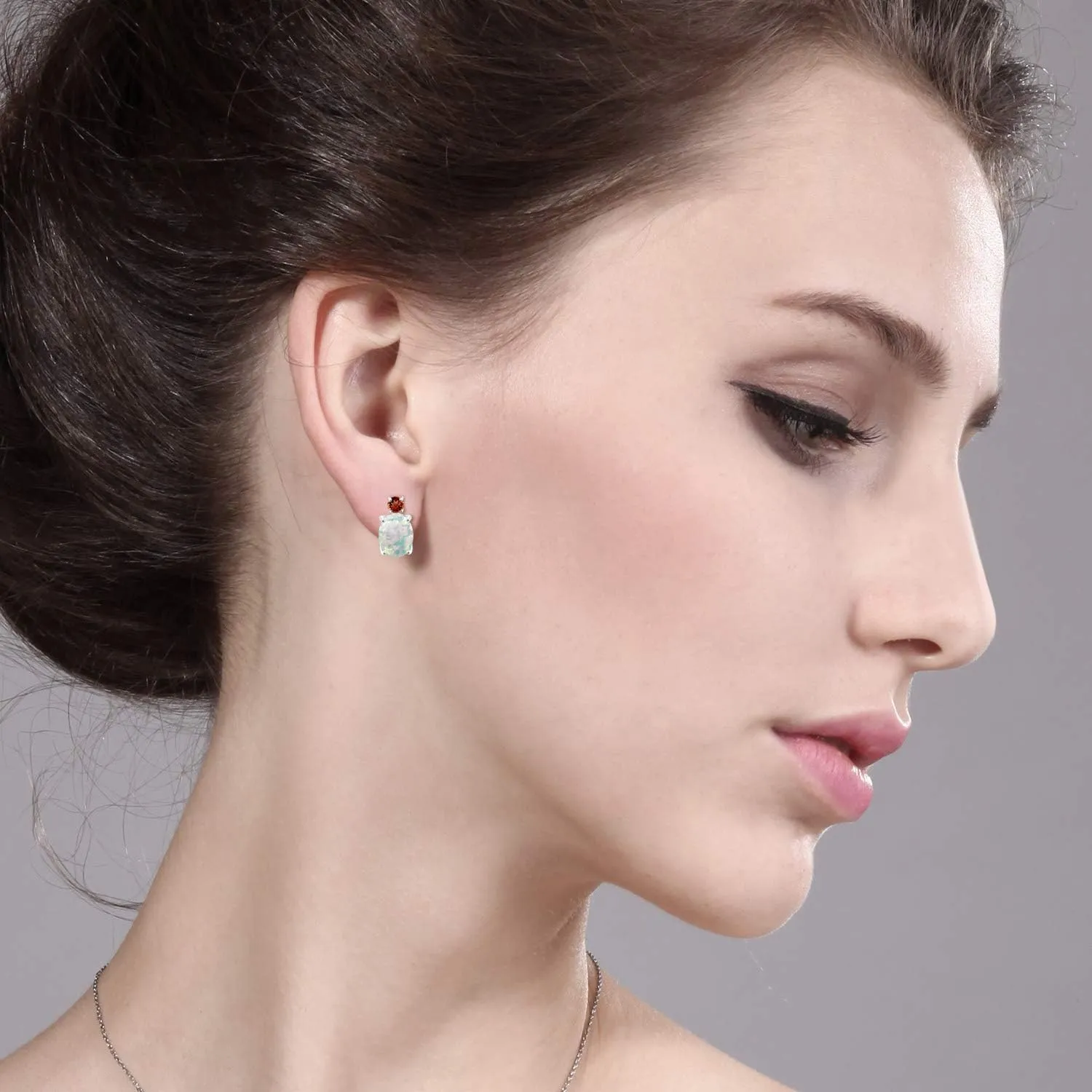 Gem Stone King 14K White Gold Gemstone Birthstone and Garnet Dangle Stud Earrings For Women | Oval 8X6MM | Round 2.5MM | Elegant Two-Stone Design | Classic Fine Jewelry Earrings