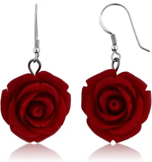 Gem Stone King 20MM 925 Sterling Silver Red Simulated Coral Carved Rose Flower Earrings