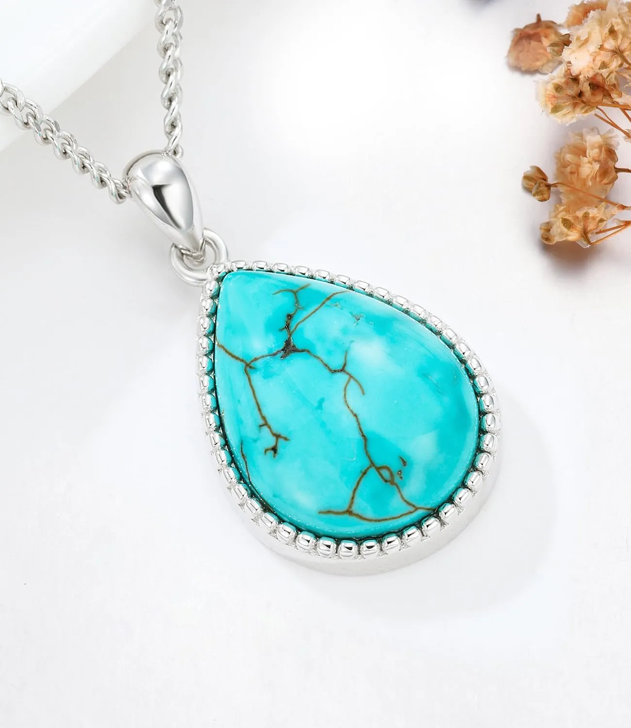 Genuine Turquoise Necklaces Jewelry for Women 925 Sterling Silver Teardrop Natural Gemstones Pendant with December Birthstones for Her