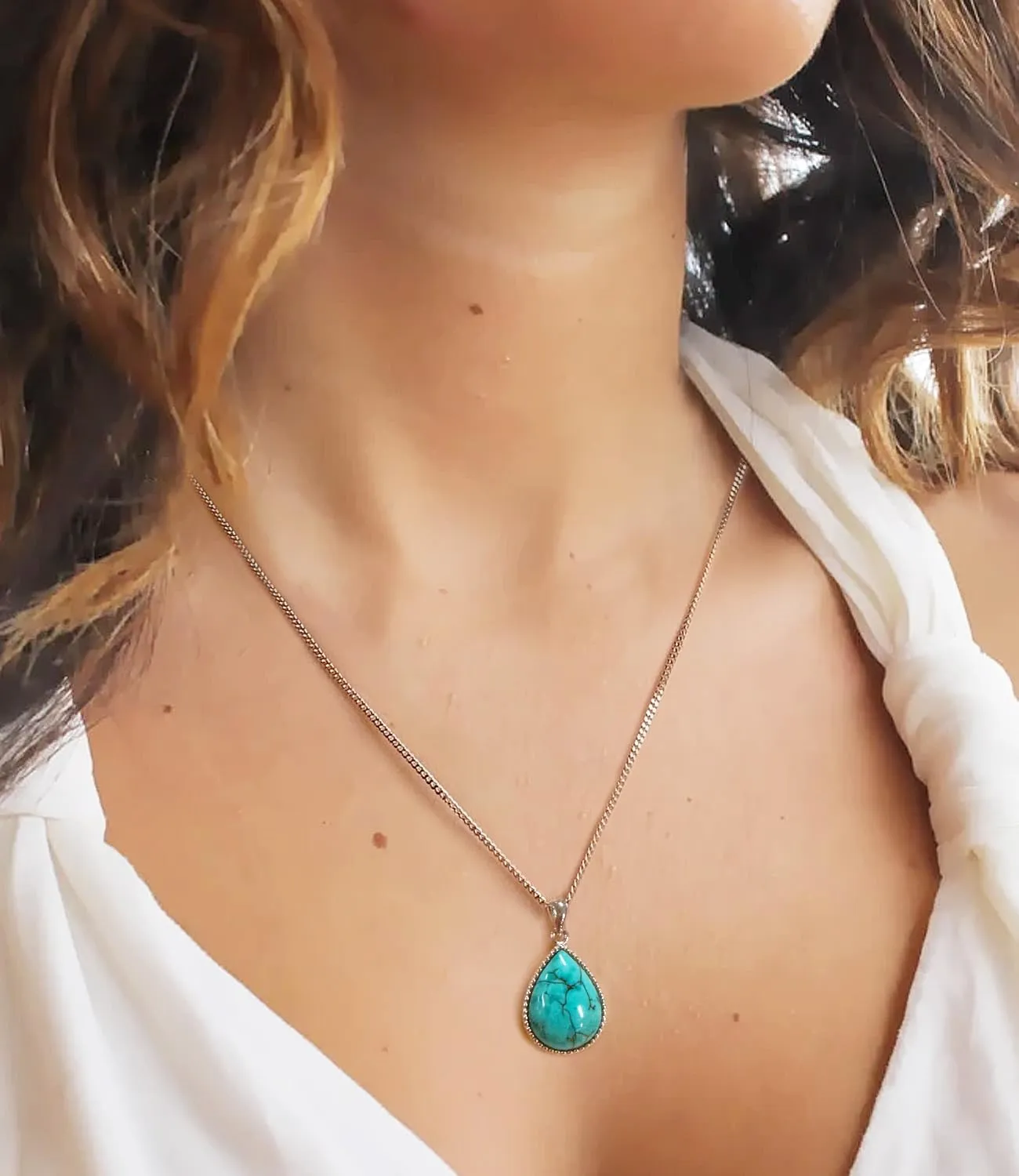 Genuine Turquoise Necklaces Jewelry for Women 925 Sterling Silver Teardrop Natural Gemstones Pendant with December Birthstones for Her