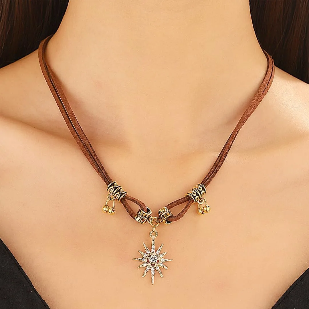 GIGB PBDK Boho Star Necklaces for Women Layered Brown Cubic Zirconia Sun Star Choker Necklace Adjustable PU Leather Cord Necklace Trendy Western Country Gifts
