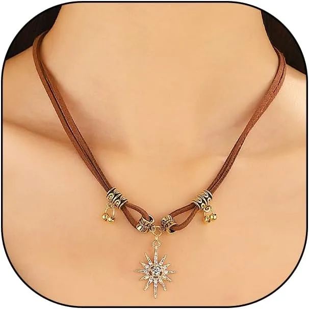 GIGB PBDK Boho Star Necklaces for Women Layered Brown Cubic Zirconia Sun Star Choker Necklace Adjustable PU Leather Cord Necklace Trendy Western Country Gifts
