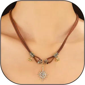 GIGB PBDK Boho Star Necklaces for Women Layered Brown Cubic Zirconia Sun Star Choker Necklace Adjustable PU Leather Cord Necklace Trendy Western Country Gifts