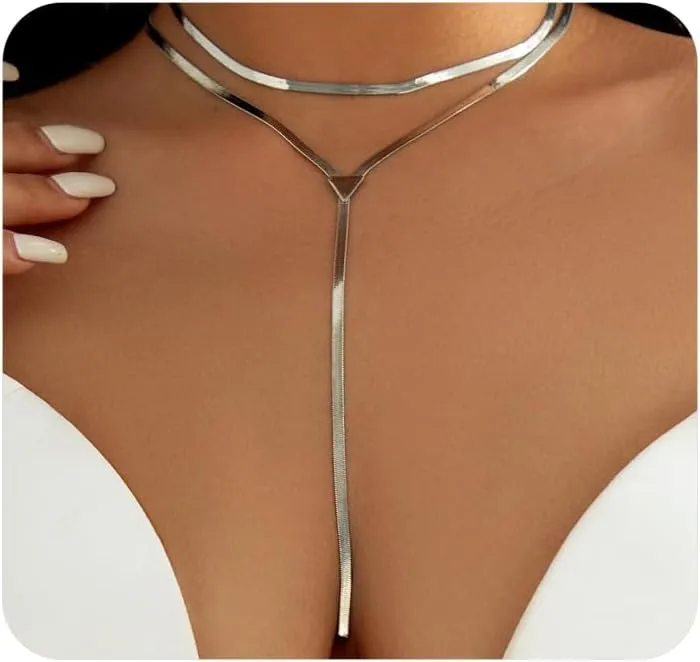GIGB PBDK Gold Statement Choker Necklaces for Women,Trendy Silver Long Layered Necklace Thick Snake Chain Drop Necklace,Delicate Party Jewelry Accessories Gift