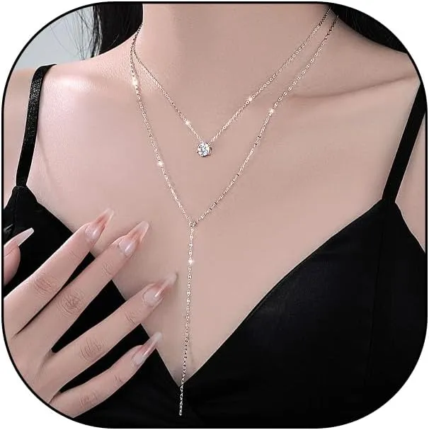 GIGB PBDK Sparkly Silver Lariat Necklaces for Women Charm Minimalist Crystal Long Thin Chain Link Y Necklace Aesthetic Valentine's Day Jewelry Gifts