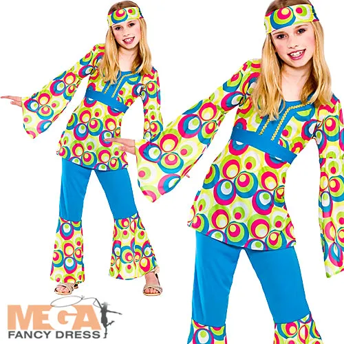 Girls 1960s 1970s Funky Groovy Peace Hippie Fancy Dress Costume