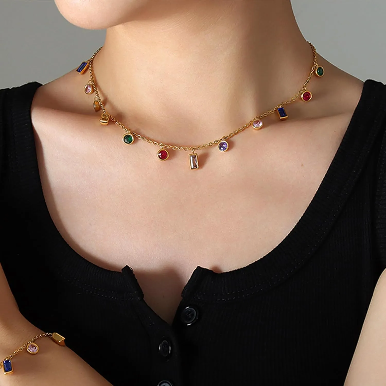 Gold Charm Pendent Choker Necklace for Woman, Boho Dainty Gemstone CZ Rhinestone Dangle Chain Necklaces Prom Fashion Jewelry Wedding Gift
