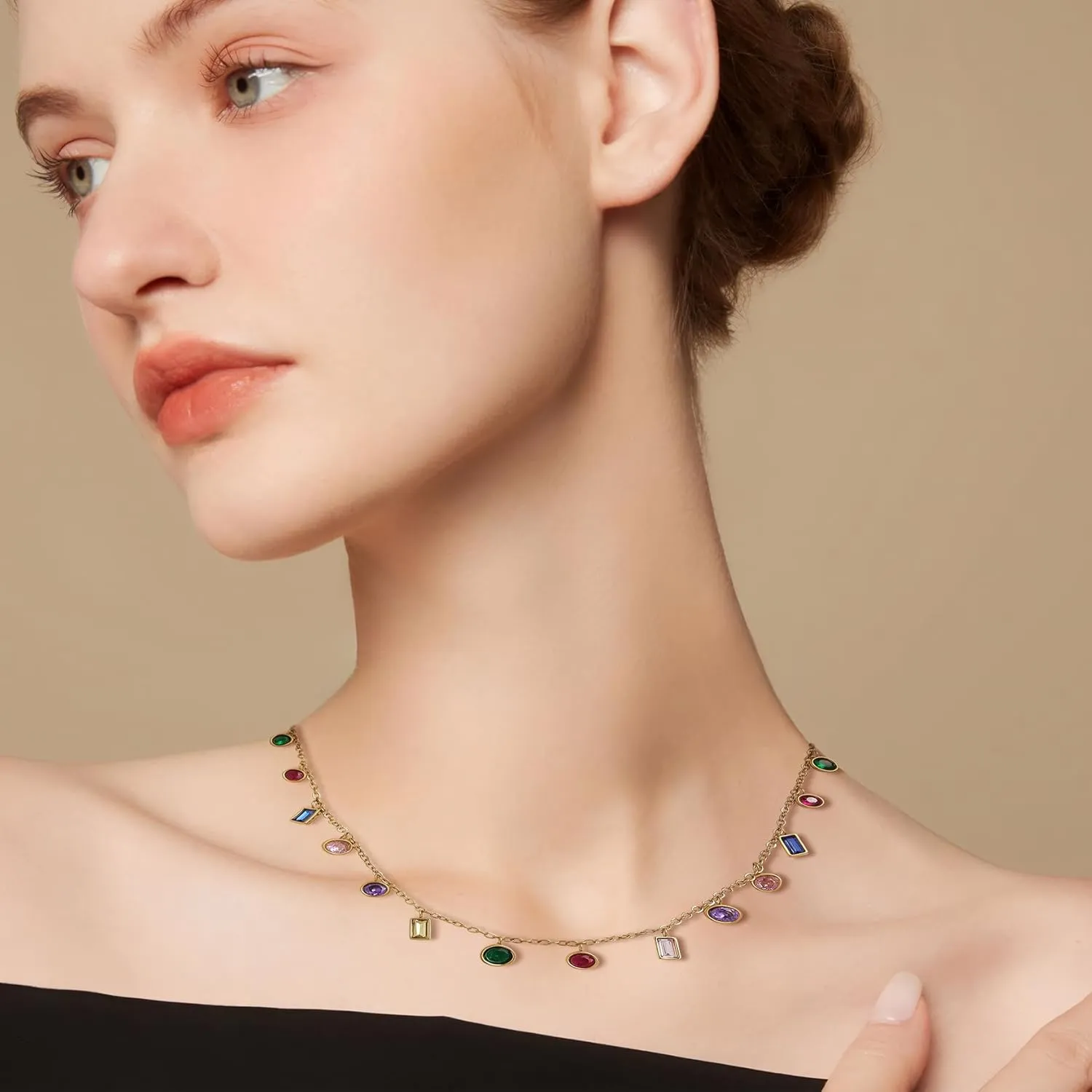 Gold Charm Pendent Choker Necklace for Woman, Boho Dainty Gemstone CZ Rhinestone Dangle Chain Necklaces Prom Fashion Jewelry Wedding Gift