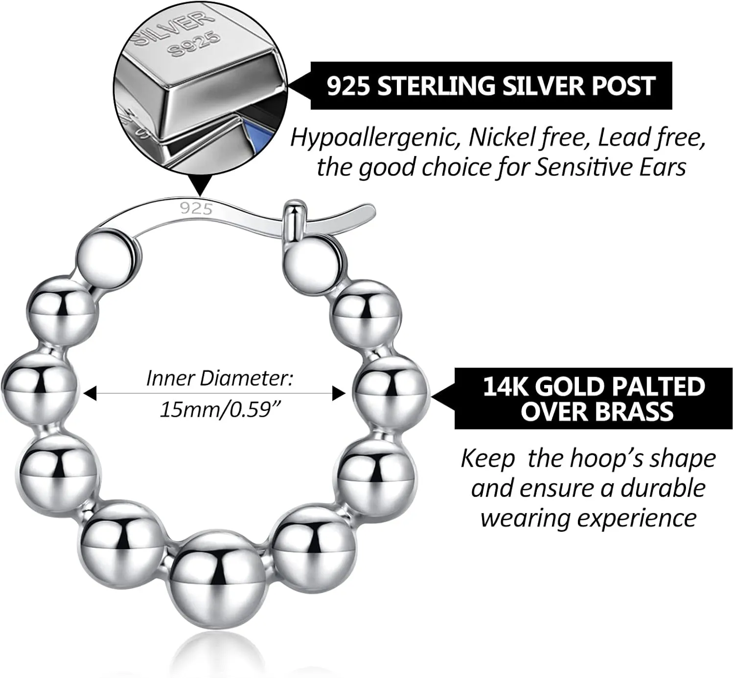 Gold Chunky Hoop Earrings for Women | Thick 925 Sterling Silver Post Beaded Ball Huggies Earrings Lightweight Hypoallergenic Hoops Jewelry Gifts, 10/12/15mm