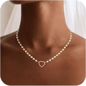 Gold Heart Necklace for Women 14K Gold Plated Dainty Necklaces for Her Delicate Necklace Love Pendant Necklace Cute Necklace Minimalist Choker Pearl Necklace Festival Jewelry Gift for Women