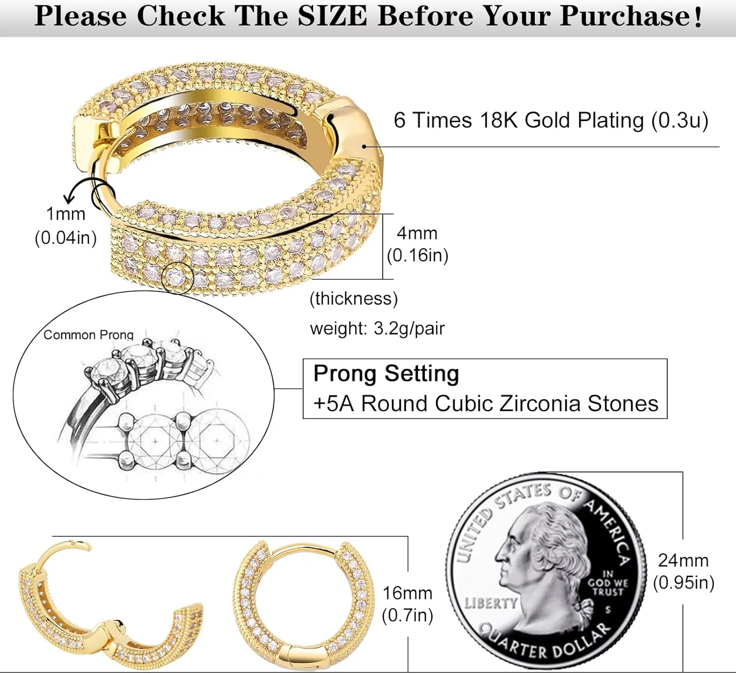 Gold Hoop Earrings for Women 18K Gold Plated Iced Out Silver Huggie Earrings for Men Hypoallergenic CZ Diamond Earrings