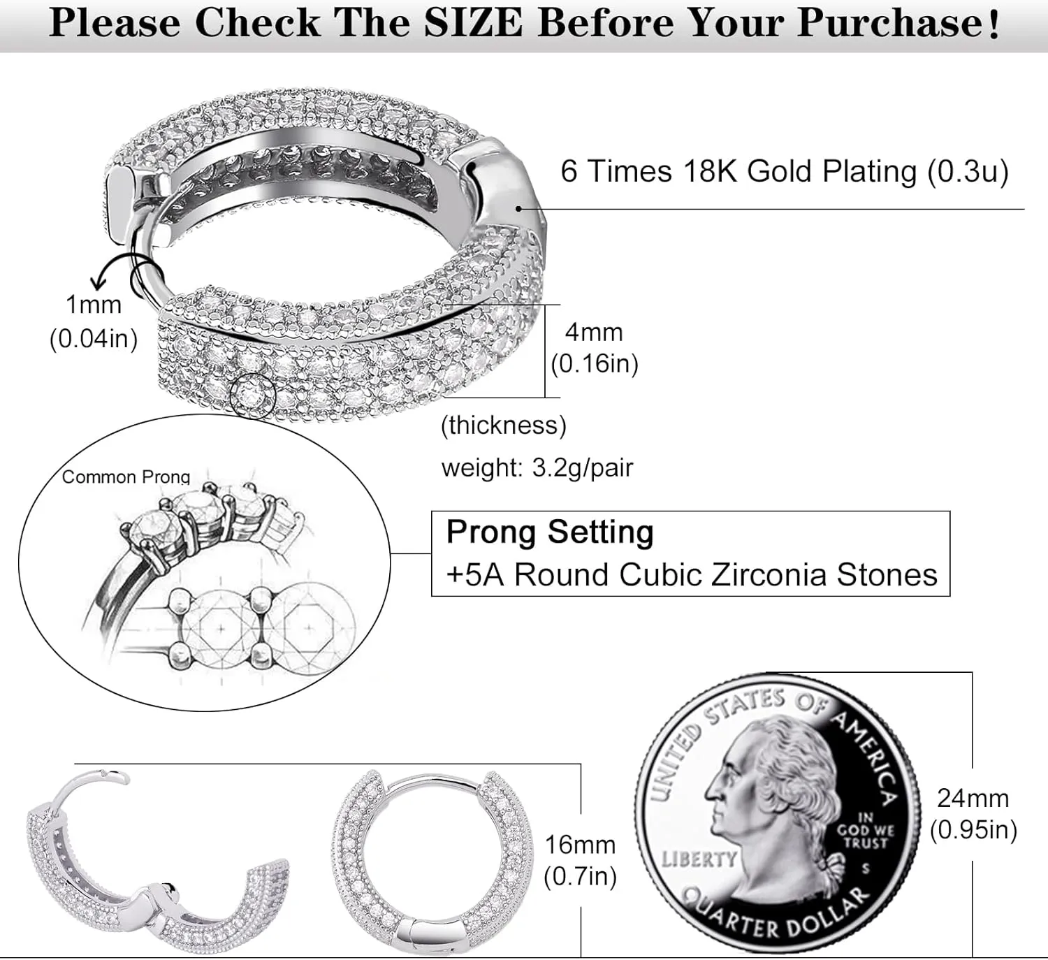 Gold Hoop Earrings for Women 18K Gold Plated Iced Out Silver Huggie Earrings for Men Hypoallergenic CZ Diamond Earrings