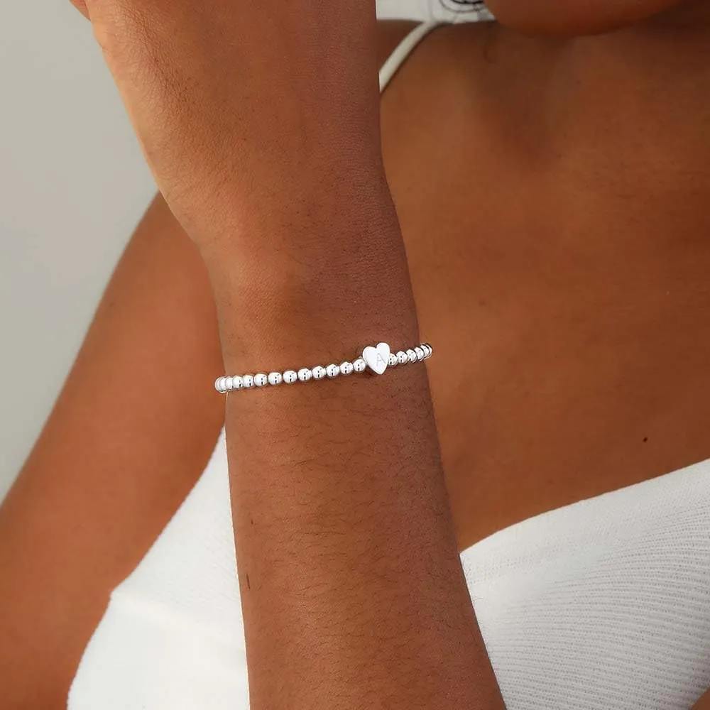 Gold Initial Beaded Bracelets for Women,14K Gold Plated Heart Letter Bracelets Handmade Ball Bead Bracelet Dainty Personalized Name Letter Bracelet for Women Trendy Gold Jewelry Gifts