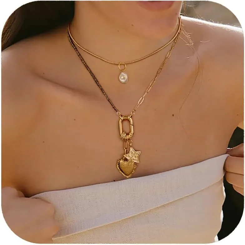 Gold Layered Necklaces for Women Trendy Chunky Gold Paperclip Chain with Simple Heart Charm Boho Choker Necklace Jewelry Gifts