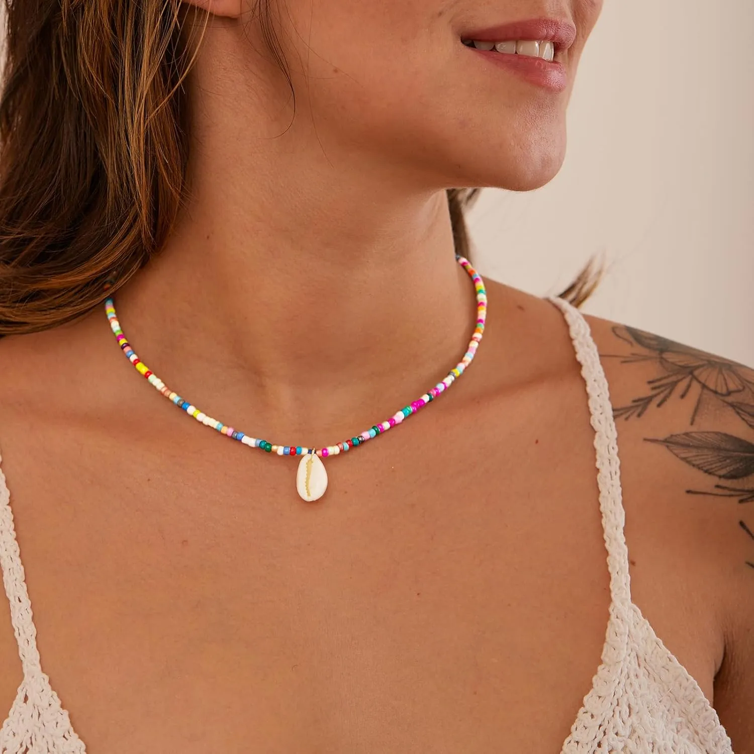 Gold Necklace for Women-Colorful Beaded Necklaces 14K Gold Plated Bohemian Choker Shell, Starfish, Palm Tree, Conch Shell Beachy Jewelry for Women Gifts