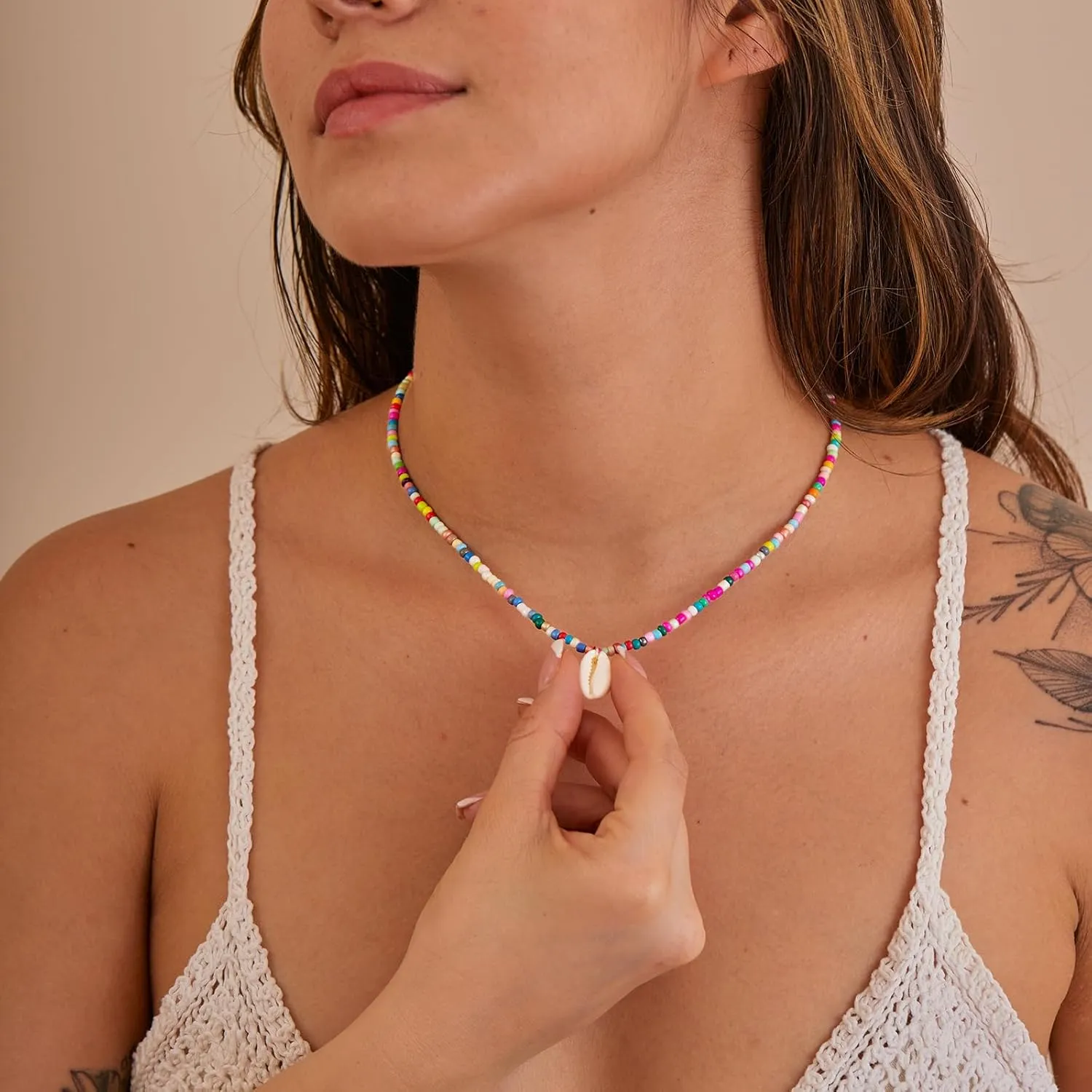 Gold Necklace for Women-Colorful Beaded Necklaces 14K Gold Plated Bohemian Choker Shell, Starfish, Palm Tree, Conch Shell Beachy Jewelry for Women Gifts