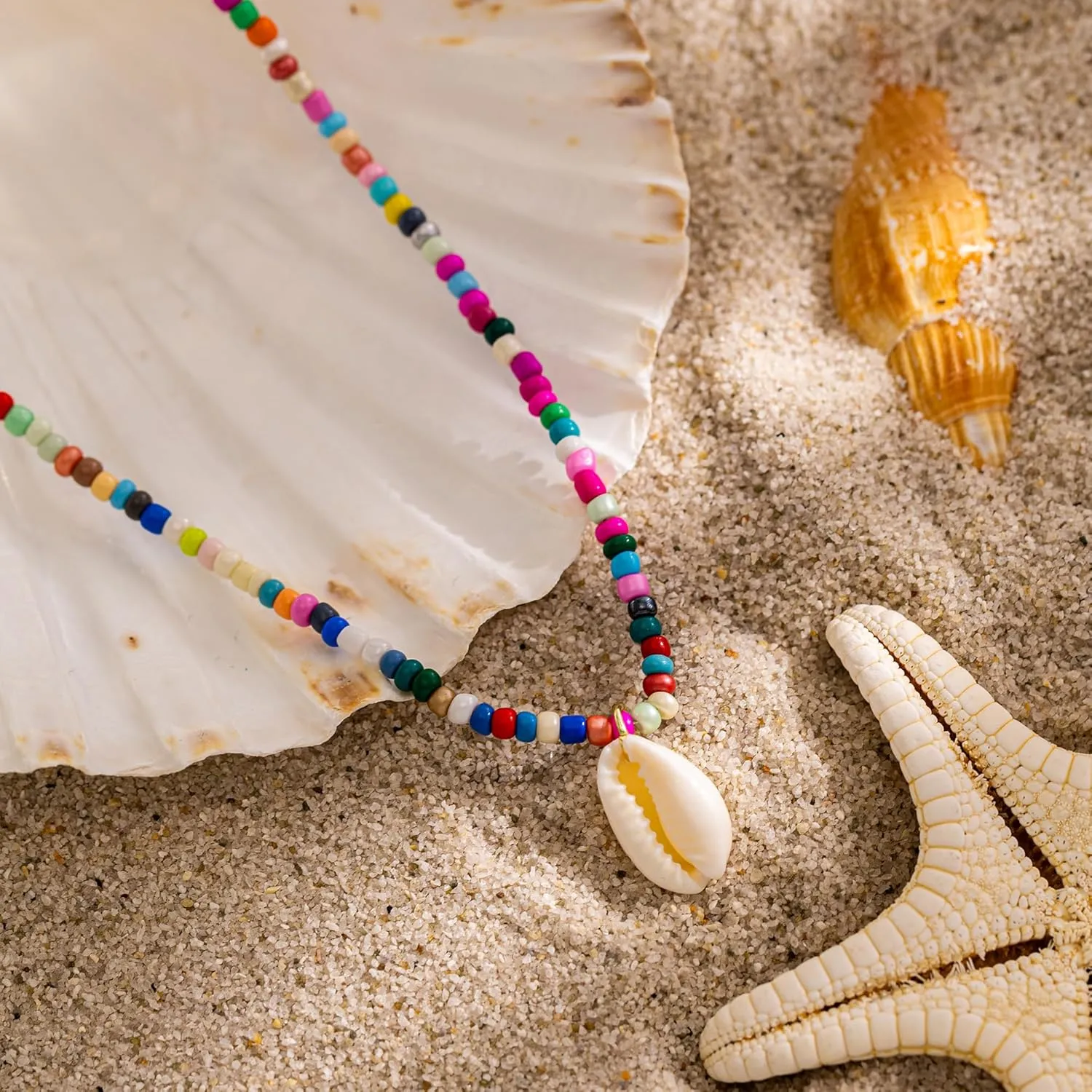 Gold Necklace for Women-Colorful Beaded Necklaces 14K Gold Plated Bohemian Choker Shell, Starfish, Palm Tree, Conch Shell Beachy Jewelry for Women Gifts