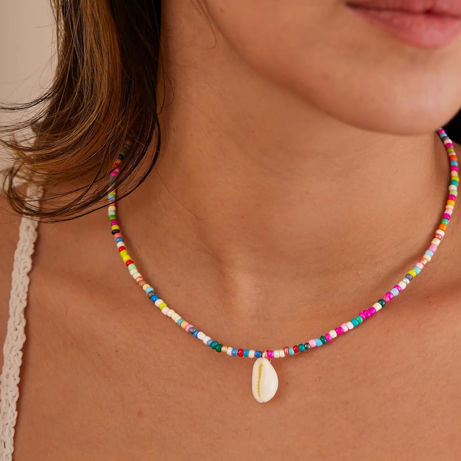 Gold Necklace for Women-Colorful Beaded Necklaces 14K Gold Plated Bohemian Choker Shell, Starfish, Palm Tree, Conch Shell Beachy Jewelry for Women Gifts