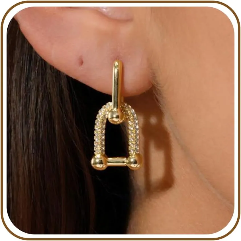Gold Paperclip Earrings for Women 18K Gold Plated Chunky Hoop U Shape Link Huggie Dangle CZ Earrings Hypoallergenic Rectangle Oval Square Chain Drop Y2K Girlfriend Mothers Day Birthday Jewelry Gift