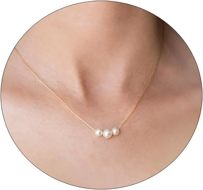 Gold Pearl Necklaces for Women 14k Gold Plated Handmade White Pearl Choker Necklace Dainty Small Tiny Beaded Pearl Strand Chain Necklace Delicate Single Wedding Prom Bridal Jewelry Gift