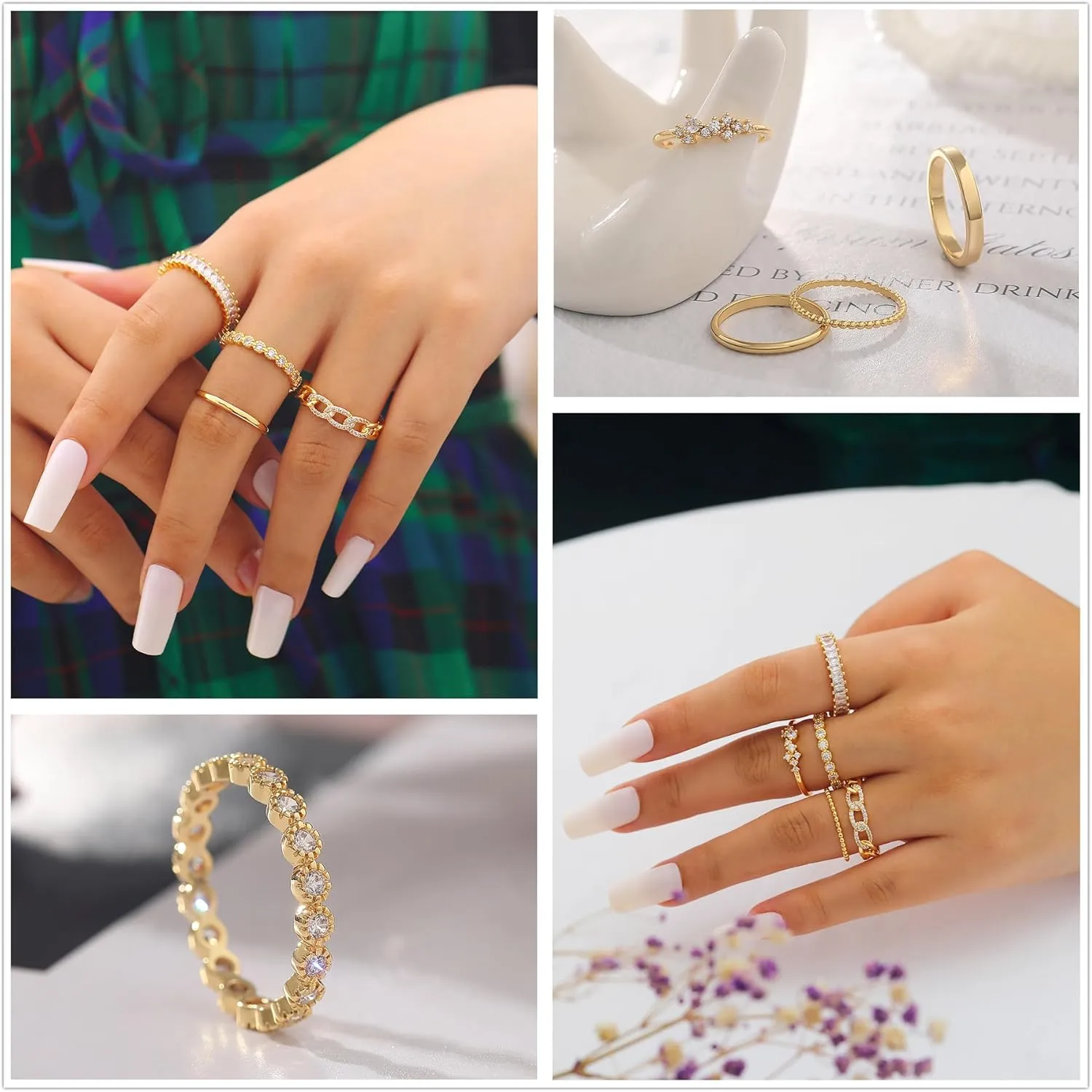 Gold Silver Plated Stacking Rings Set for Women 14K Dainty Stackable Thumb Knuckle Cute Ring for Women Pinky Finger Fashion Band Thin Simple Plain Chain CZ Rings Size 6-11