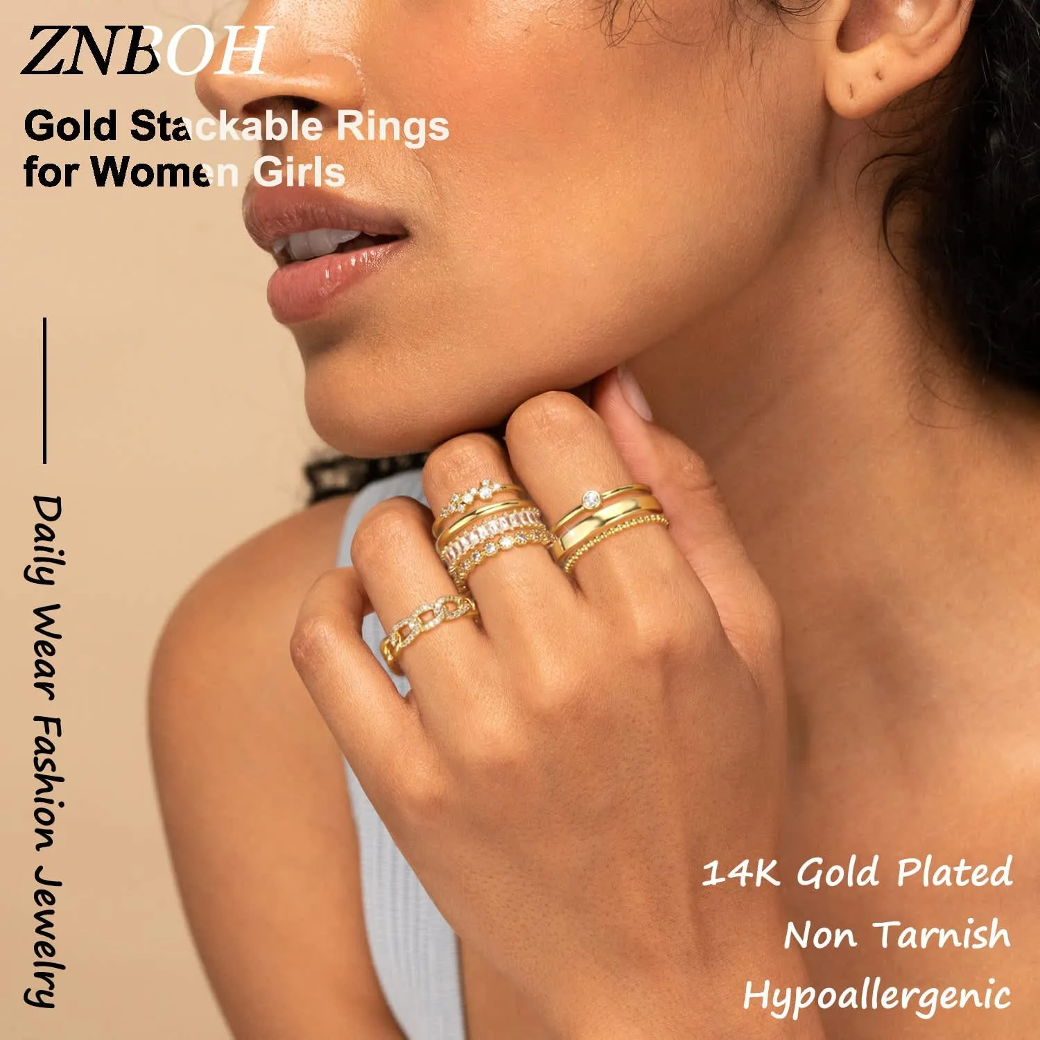 Gold Silver Plated Stacking Rings Set for Women 14K Dainty Stackable Thumb Knuckle Cute Ring for Women Pinky Finger Fashion Band Thin Simple Plain Chain CZ Rings Size 6-11