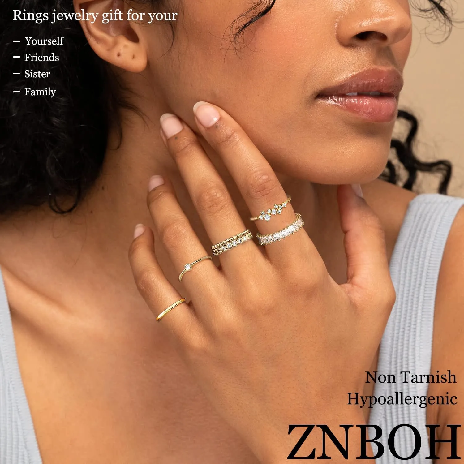 Gold Silver Plated Stacking Rings Set for Women 14K Dainty Stackable Thumb Knuckle Cute Ring for Women Pinky Finger Fashion Band Thin Simple Plain Chain CZ Rings Size 6-11