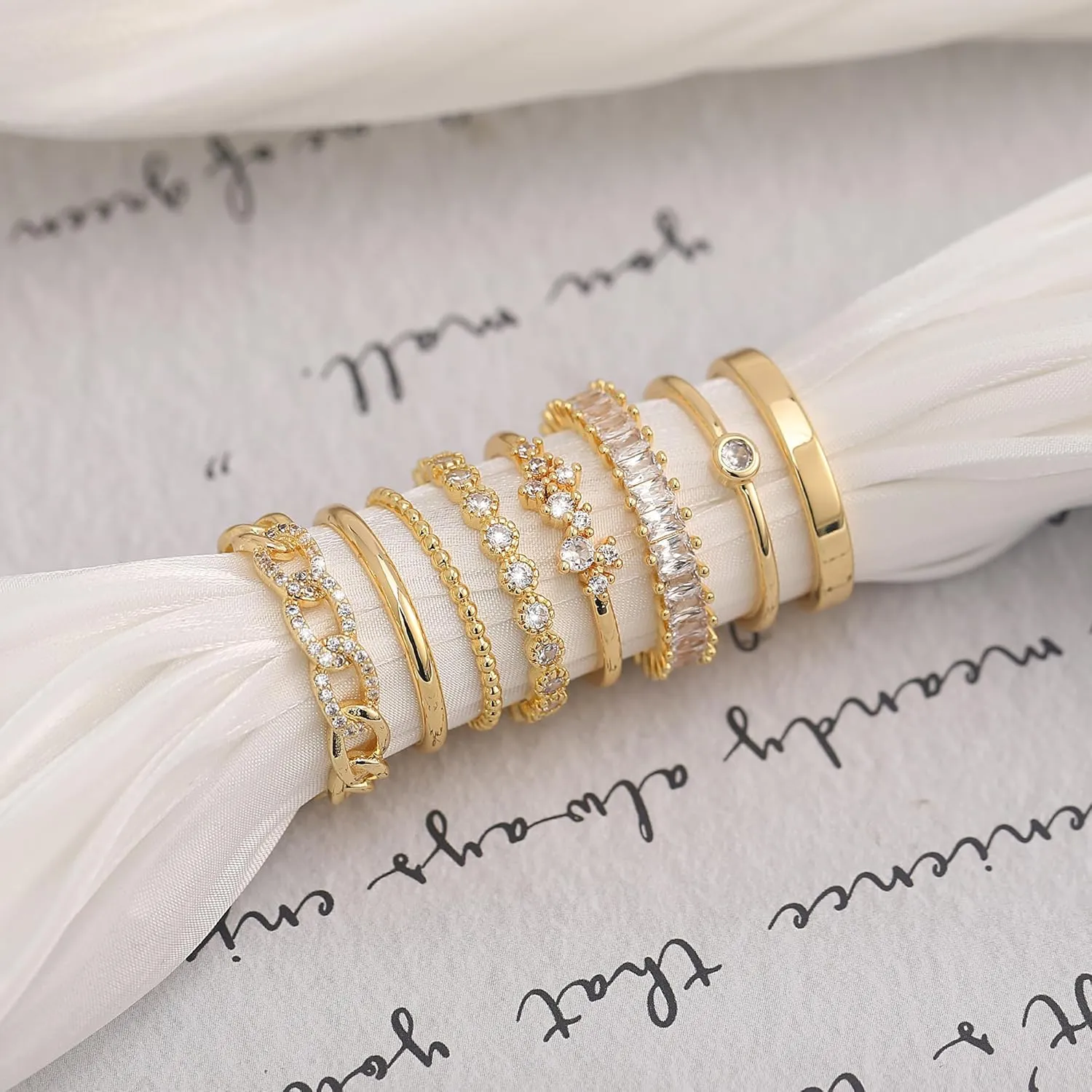 Gold Silver Plated Stacking Rings Set for Women 14K Dainty Stackable Thumb Knuckle Cute Ring for Women Pinky Finger Fashion Band Thin Simple Plain Chain CZ Rings Size 6-11