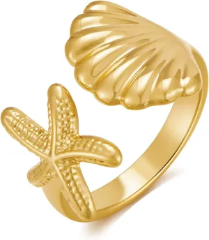 Gold Starfish Rings For Women Trendy Seashell Ring Summer Beach Jewelry Gift