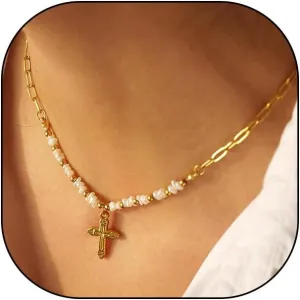 Gold Tiny Cross Pendant Necklace for Women,Small Baroque Pearl Beaded Paperclip Chain Necklace,Delicate Retro Crucifix Choker Necklace for Her