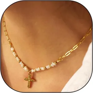 Gold Tiny Cross Pendant Necklace for Women,Small Baroque Pearl Beaded Paperclip Chain Necklace,Delicate Retro Crucifix Choker Necklace