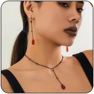 Gothic Blood Drop Necklace Earrings Set for Women Vintage Vampire Blood Drop Y-Shaped Necklace Goth Vampire Drop Dangle Earrings Dark Style Black Red Crystal Jewelry Set for Women