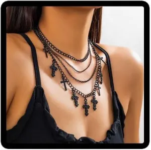 Gothic Cross Pendant Necklace Black Layered Cross Choker Necklaces Halloween Jewelry for Women