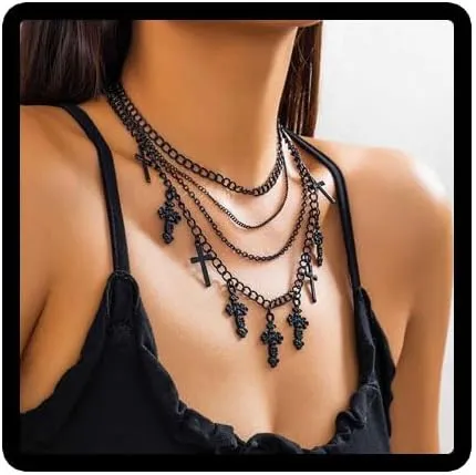 Gothic Cross Pendant Necklace Black Layered Cross Choker Necklaces Halloween Jewelry for Women