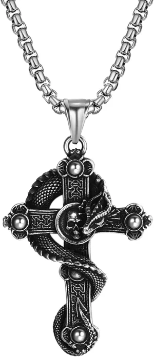 Gothic Snake Cross Pendant Necklace for Men, Vintage Stainless Steel Punk Style Necklaces Emo Jewelry