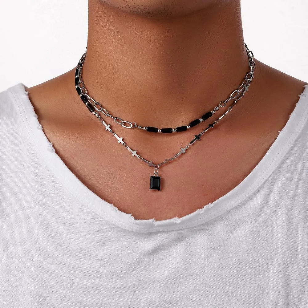 GulCean Goth Cross Necklace for Men Stainless Steel Trendy Y2K Layered Paper Clip Cross Cuba Chain Red Black Zircon Liquid Metal Cross Pendant Charm Choker Necklace for Women